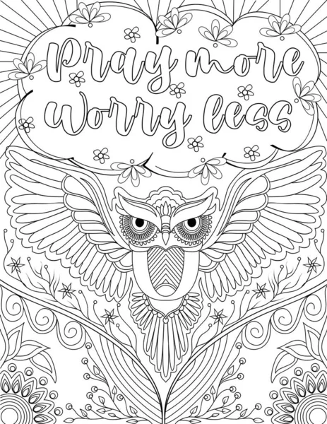 Krásná sova kresba Létající nízko vpřed pod Insparational zpráva obklopen květinami. Pěkný pták plovoucí pod pozitivním vibračním písmenem. — Stockový vektor