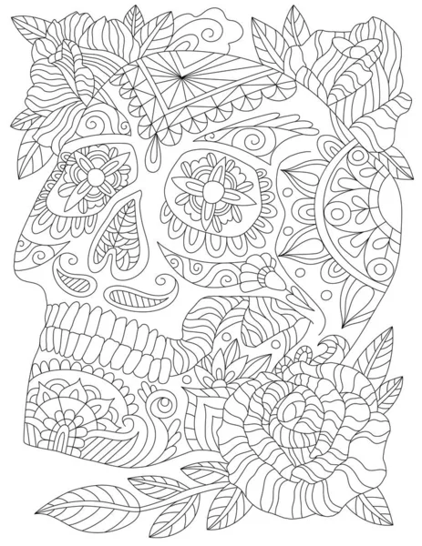 Страшный Sceleton головы татуировки рисования Закрытые красивые цветы глядя на свет. Линия черепа, окруженная красивыми розами и приятными листьями с закрытым ртом. — стоковый вектор