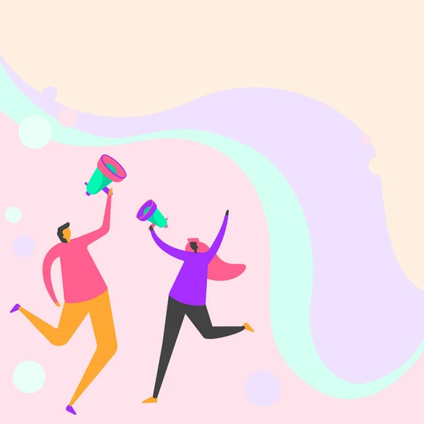 Иллюстрация радостных партнеров, слегка прыгающих вокруг обмениваясь мыслями через мегафон. Счастливая пара рисует умеренно прыгая все вокруг способствуя идеям с помощью Bullhorn. — стоковый вектор