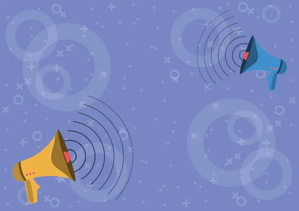Paire de mégaphones dessin produisant des ondes sonores faisant une nouvelle annonce. Bullhorns Dessin faisant la modulation de fréquence favorisant la publicité tardive. — Image vectorielle