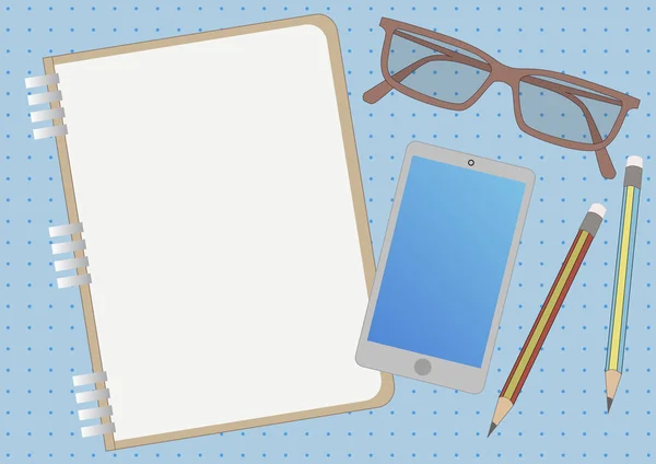 2016 년 2 월 1 일에 확인 함 . Notebook Drawing With Mobile Device Eyeglasses Two Pencils. Notepad Design Beside Phone Sunglass Pair Of Pens show Organized Table. — 스톡 벡터