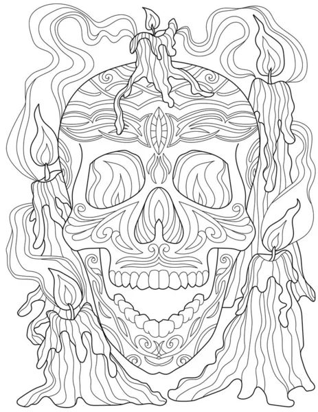 Tattoo Skull Line Dibujo rodeado de velas encendidas con la boca abierta. Scary Sceleton cabeza dibujo cerrado antorcha ardiente y ambiente ahumado. — Vector de stock