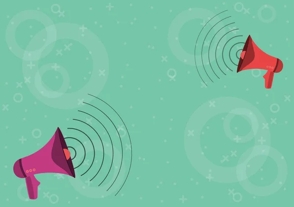 Par de megáfonos dibujando produciendo ondas de sonido haciendo nuevo anuncio. Bullhorns Dibujo Fabricación de modulación de frecuencia Promoción de anuncios tardíos. — Archivo Imágenes Vectoriales