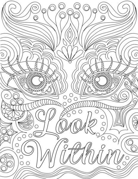 Appealing Eyes Line Drawing Behind The Positive Letter Message Written Look Within (en inglés). Hermoso dibujo de media cara trasera de la nota vibrante inspiradora. — Vector de stock