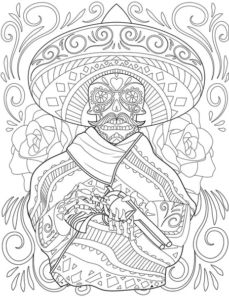 Skull Mariachi Drawing Holding Gun Wearing Big Hat Surrounded By Beautiful Roses. Creepy Mexican Man Line Drawing Owns A Fire Arm With Large Head Dress. — Stock Vector