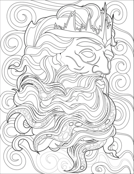 Grego God Zeus Head Line Drawing Rodeado por fortes ventos assistindo bela vista. Arquétipo do desenho da cara do céu fechado com apenas à procura de visão — Vetor de Stock