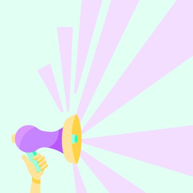 El ele tutuşmanın resmedildiği megafon ve güneş ışınları yeni bir duyuru yapıyor. Avuç içi çizimi Bullhorn Üretim kirişleri Yeni Reklam Veriyor.