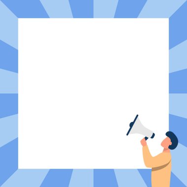 Adam megafonla konuşuyor. Yeni bir duyuru yapıyor. Boş Duvara bakıyor. Bullhorn 'da Karakter Çizimi Büyük Meydan' a Geç Reklam Yapıyor.