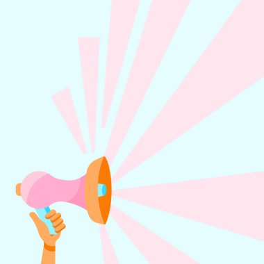 El ele tutuşmanın resmedildiği megafon ve güneş ışınları yeni bir duyuru yapıyor. Avuç içi çizimi Bullhorn Üretim kirişleri Yeni Reklam Veriyor.