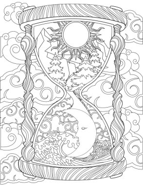 Antik Kum Saati Güneş ve Ay 'ı İçerde Bulutlarla Dolu Gösteriyor. Eski Kum Saati Çizimi Gün ve Gece Güçlü Rüzgarlarla çevrili.