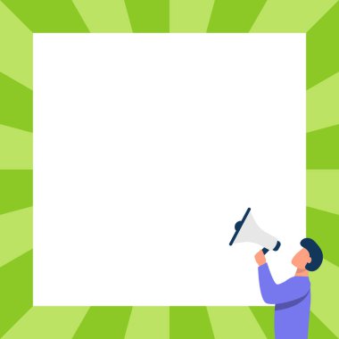 Adam megafonla konuşuyor. Yeni bir duyuru yapıyor. Boş Duvara bakıyor. Bullhorn 'da Karakter Çizimi Büyük Meydan' a Geç Reklam Yapıyor.