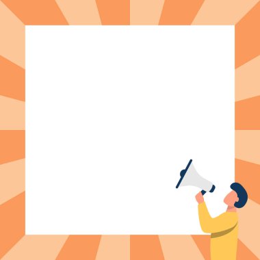 Adam megafonla konuşuyor. Yeni bir duyuru yapıyor. Boş Duvara bakıyor. Bullhorn 'da Karakter Çizimi Büyük Meydan' a Geç Reklam Yapıyor.