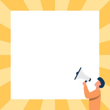 Adam megafonla konuşuyor. Yeni bir duyuru yapıyor. Boş Duvara bakıyor. Bullhorn 'da Karakter Çizimi Büyük Meydan' a Geç Reklam Yapıyor.