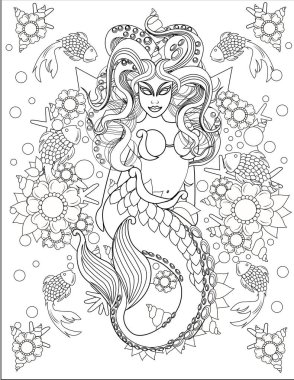 Su altındaki küçük balıklarla birlikte yüzen Korkunç Denizkızı 'nın tasviri. Efsanevi Yaratık Çizgisi Denizdeki Su Hayvanı 'nın yanında yüzüyor.