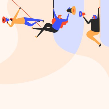 Tavanda megafonla takılan insanların yeni bir duyuru yaptığı bir tasviri. Takım Çizgisi Son Reklamları Desteklemek İçin Üstte Sallanıyor.