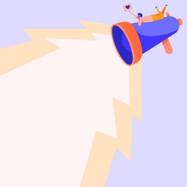 Adam büyük megafonun üzerine uzanmış ışık üreten sevimli bir mesaj veriyor. İnsan Çizgisi Çizimi Büyük Bullhorn Reklamları 'nda Dinleniyor.