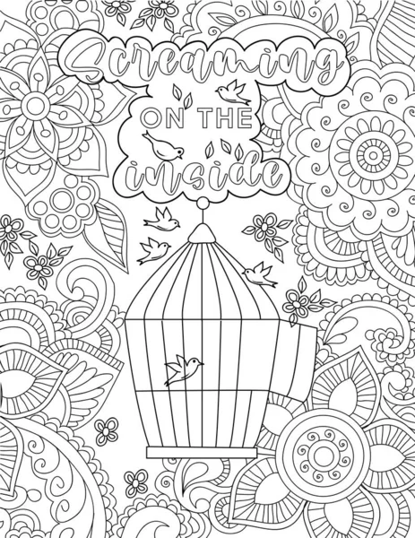 Oiseaux volant dessin autour de leur cage entourée de fleurs ci-dessous message d'ambiance positive. Dessin de ligne de créature à plumes Maison flottante sous la note d'inspiration. — Image vectorielle