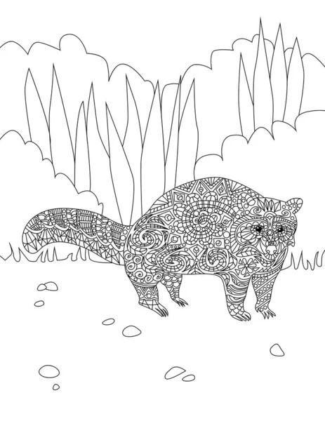 Large Adorable Raccoon Line Drawing Waiting For Long Time On This Own At The Forest. Wild Life Line Drawing Staying In A While Alone Inside Wildwoods. — Stock Vector