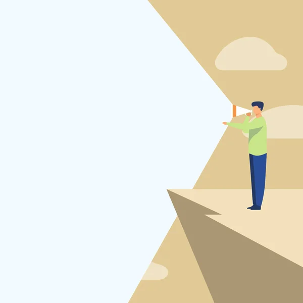Illustration d'une personne debout dans une falaise utilisant le mégaphone d'une main faisant une nouvelle annonce. Homme d'affaires Top Mountain Drawing Produire une publicité brillante en retard. — Image vectorielle