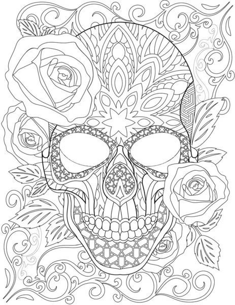 Рисунок линии черепа татуировки окружен красивыми розами и приятными листьями с закрытым ртом. Страшный рисунок головы скелета. — стоковый вектор