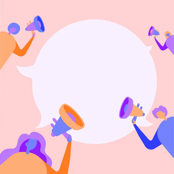 Group Of People Drawing Holding Their Megaphones Talking And Sharing Idea With Each Other To Chat Cloud. Mob Line Drawing Making New Announcement At One Another. — Stock Vector