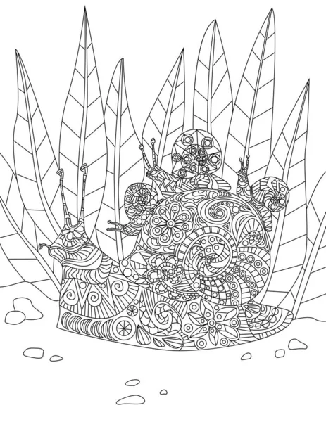 Illustration av dedikerad mor snigel bär hennes små barn på Thier hem från skogen. Hårt arbetande förälder Slug linje ritning föra unga till ett hus. — Stock vektor