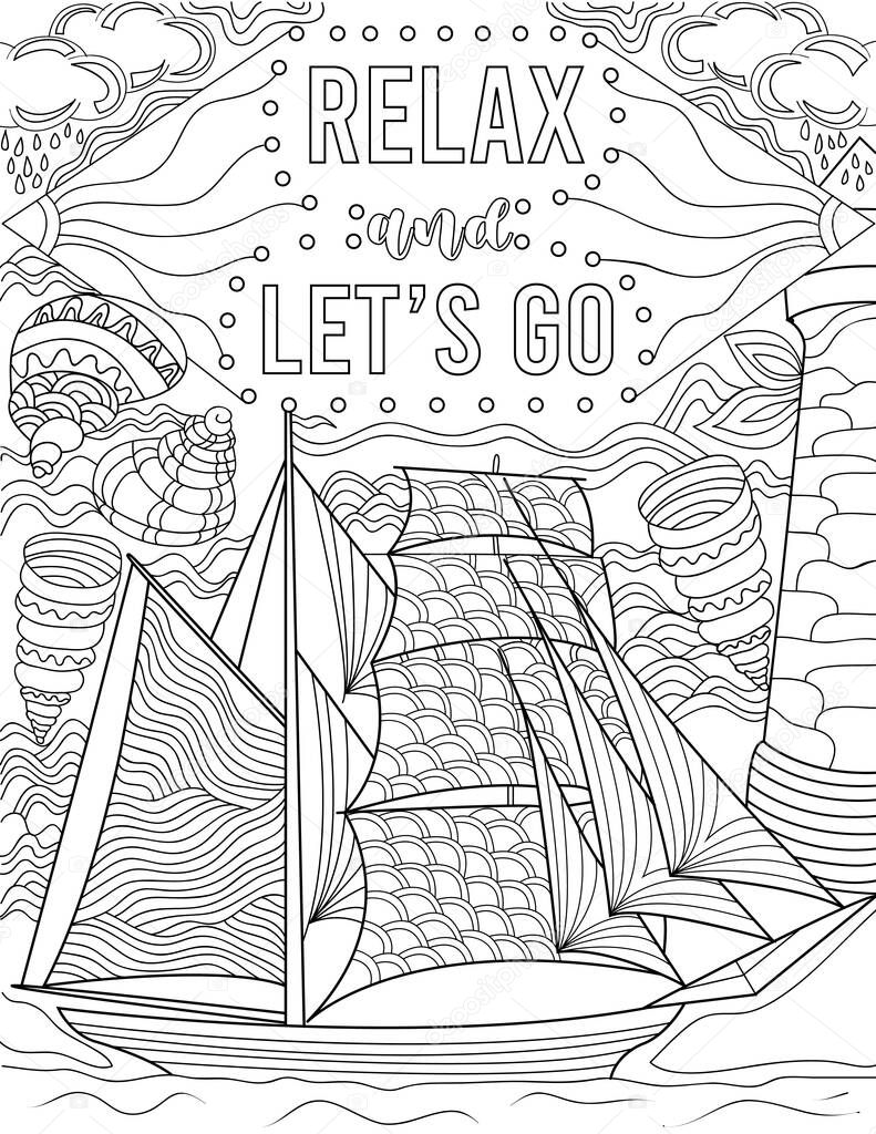 Illustration Of A Sailboat Floating On The Ocean Surrounded By Seashells Under Inspirational Note. Boat Line Drawing Sailing At Sea Around Shells Beneath Positive Message.
