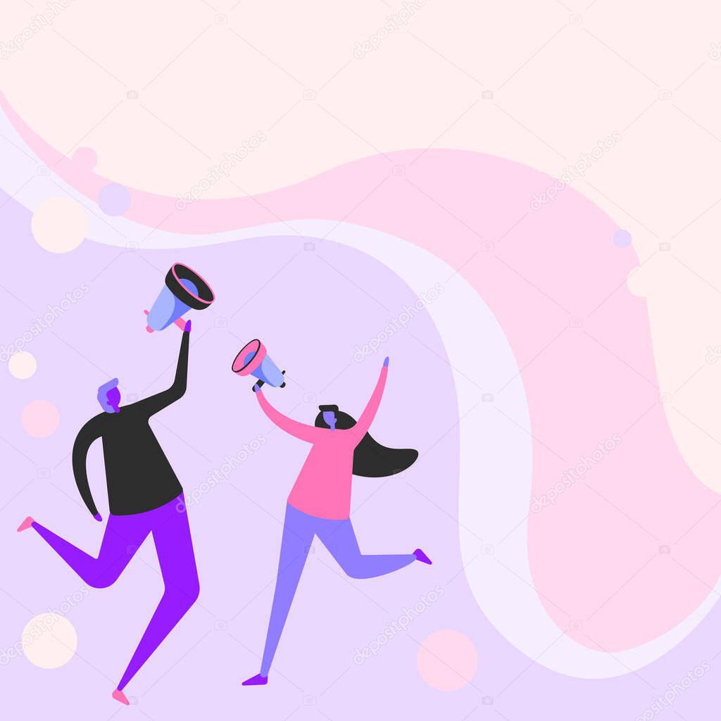 Illustration Of Joyful Partners Mildly Jumping Around Sharing Thoughts Through Megaphone. Happy Couple Drawing Moderately Hopping All Over Contributing Ideas Using Bullhorn.