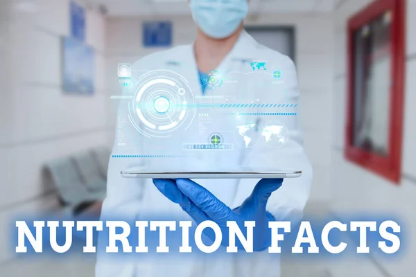 Kézírás szöveg Táplálkozási tények. Üzleti koncepció részletes információk egy élelmiszer s tápanyag-tartalom Férfi Egységes állandó holding Tablet megjelenítése Medical Futuristic Tech. — Stock Fotó