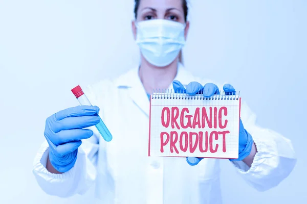 El yazısı işareti Organik Ürün. Organik tarım tarafından üretilen malzemelerden üretilen kavram Yeni Keşfedilen İlaçlar Araştırması Tıp Analizi Keşfi — Stok fotoğraf