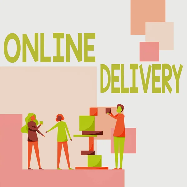 Conceptual display Online Delivery. Conceptual photo the act or manner of delivering something through the net Three Colleagues Standing Helping Each Other With Building Blocks. — Stock Photo, Image