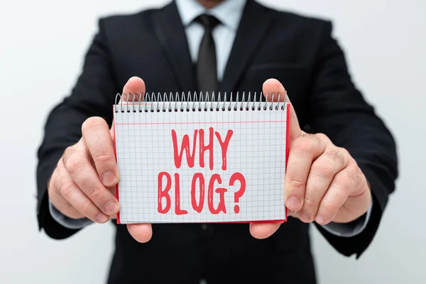 Znak ręcznego pisania Dlaczego Blogquestion. Business showcase powód, dlaczego regularnie rejestruje swoje myśli lub doświadczenia Prezentacja nowych planów i pomysłów Demonstrujące proces planowania — Zdjęcie stockowe