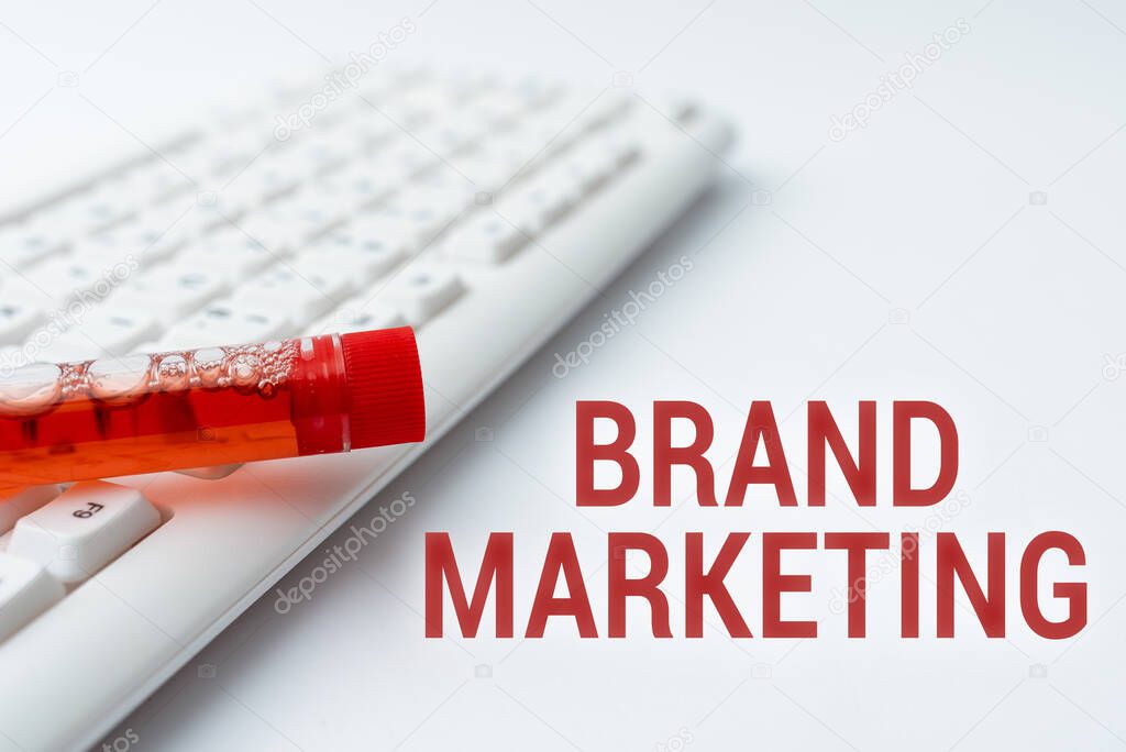 Text sign showing Brand Marketing. Business approach creating a name that identifies and differentiates a product Typing Medical Notes Scientific Studies And Treatment Plans
