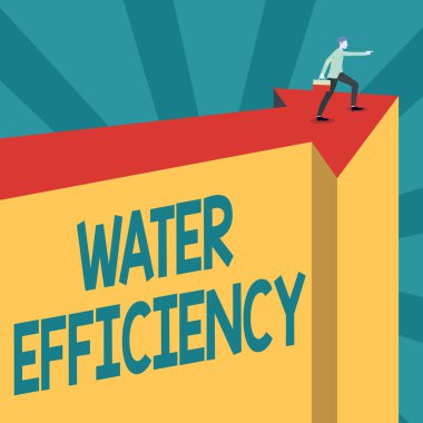 Kavramsal başlık Su Verimliliği. Yeni Aşama Hedeflerini Gösteren Oklar Üzerinde Erkek Resimleri Taşıma Bavulu Ölçümleyerek İş Vitrini Atık Atık Alanı.