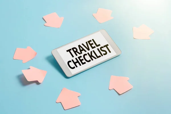 Exibição conceitual Travel Checklist. Conceito de negócio uma lista de coisas a serem verificadas ou feitas para a viagem planejada Problemas de tecnologia Brainstorming Melhorar e atualizar Produto — Fotografia de Stock