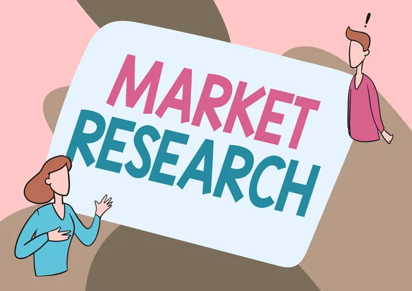 Концептуальный дисплей Market Research. Слово, написанное о сборе информации о потребностях и предпочтениях потребителей Lady Illustration Having Exploratory Conversation with her Colleague. — стоковое фото