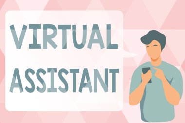 Sanal Asistanı sunan metin başlığı. Mobil Kullanım ve Konuşma Kabarcığı Konuşması kullanarak girişimcilere çeşitli hizmetler sunan bir iş adamı.