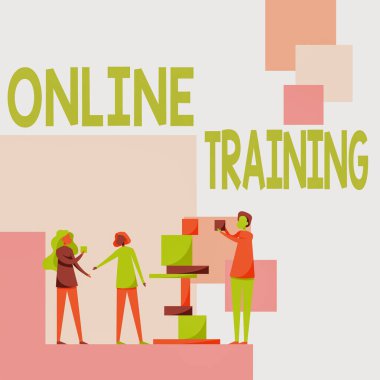 Çevrimiçi Metin Eğitimi. İş Fikri Bilgisayarı tabanlı eğitim mesafesi veya elektronik öğrenme Üç Meslektaşın Birbirine Block Yaparken Yardım Etmesi.