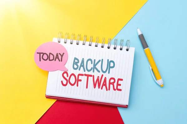 Legenda conceitual Backup Software. Ideia de negócio criar cópias extra exatas de arquivos ou computadores inteiros Perspectiva Colorida Pensamento Positivo Idéias Criativas e Inspirações — Fotografia de Stock