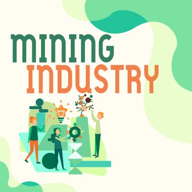 Madencilik Endüstrisini gösteren tabela. Değerli minerallerin ve jeolojik materyallerin çıkarılması için Üç Kolaj Çizimi Birlikte El Sanatları Çalışması.