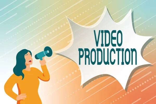 Tekst bijschrift presenteren Videoproductie. Bedrijfsoverzicht proces van het omzetten van een idee in een video Filmaking Moderne Data Processing Methoden, Typen en bewerken van Online Artikelen — Stockfoto