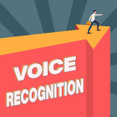 Ses Tanıma 'yı göster. İş dünyası, bir bilgisayar sisteminin kontrolünü bir ses ya da seslerle gözden geçirir. Yeni Aşama Hedefleri Gösteren Oklar Üzerinde Erkek Resimleri Taşıma Bavulu.