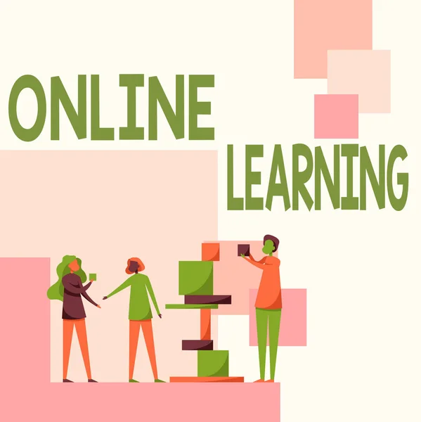 Hand writing sign Online Learning. Internet Concept educational tool based on and accessible from the Internet Three Colleagues Standing Helping Each Other With Building Blocks. — Stock Photo, Image