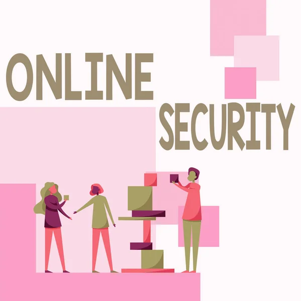 概念的なキャプションオンラインセキュリティ。オンラインで行われる取引のセキュリティを確保するための行動を意味する概念3つの同僚は、ビルディングブロックで互いに助け合っています. — ストック写真