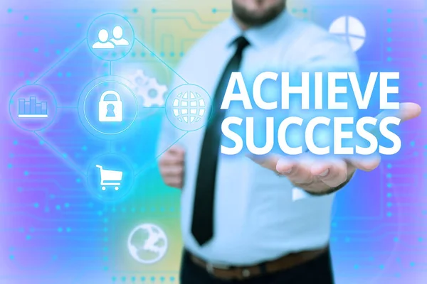 Text showing inspiration Achieve Success. Business showcase to attain a desired end or aim Achievement of something Gentelman Uniform Standing Holding New Futuristic Technologies. — Stock Photo, Image