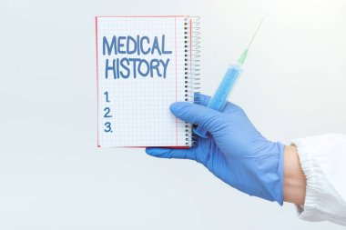 Tıbbi geçmişi sunan metin başlığı. Kavram demek, kişinin sağlık ve sağlık sigortası hakkında bilgi sahibi olması demek. Yeni İlaç Formülasyonunu sunan tıbbi aşıyı hazırlamak demek.