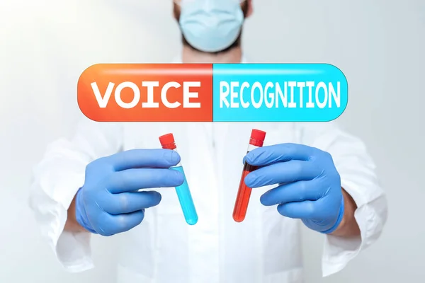 Sign displaying Voice Recognition. Concept meaning the control of a computer system by a voice or voices Research Scientist Comparing Different Samples, Doctor Displaying Cure — Stock Photo, Image