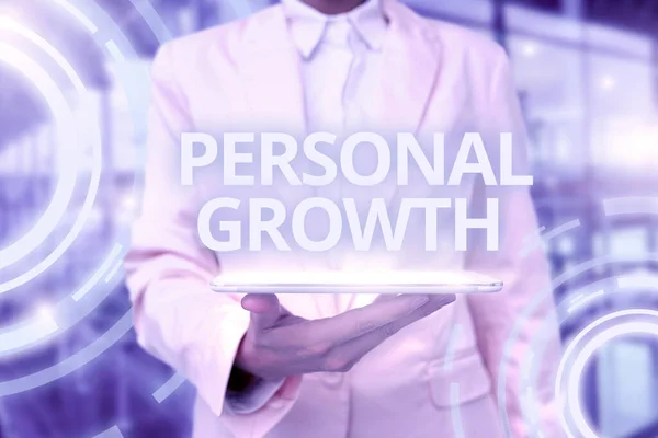 Conceptual caption Personal Growth. Business idea ongoing process of understanding and developing oneself Lady Uniform Standing Tablet Hand Presenting Virtual Modern Technology — Stock Photo, Image