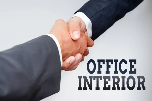 Text showing inspiration Office Interior. Business concept making indoor spaces functional safe and beautiful Two Professional Well-Dressed Corporate Businessmen Handshake Indoors — Stock Photo, Image