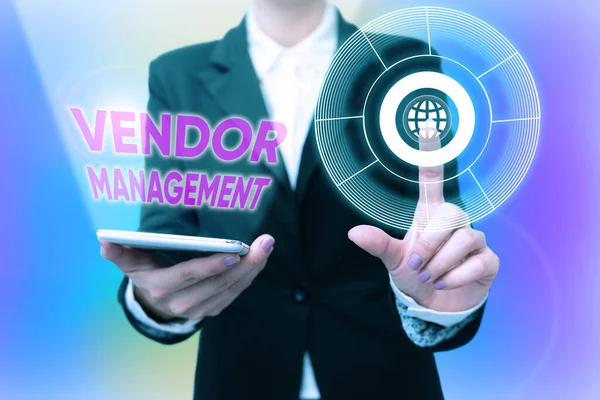 Hand writing sign Vendor Management. Business approach activities included in researching and sourcing vendors Lady In Uniform Holding Phone Pressing Virtual Button Futuristic Technology. — Stock Photo, Image